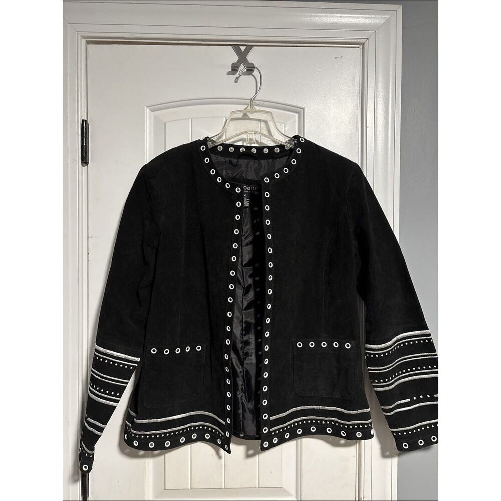 Dialogue Women's Jacket Size M Black Suede Leather‎ Embroidered w/Eyelet Detail